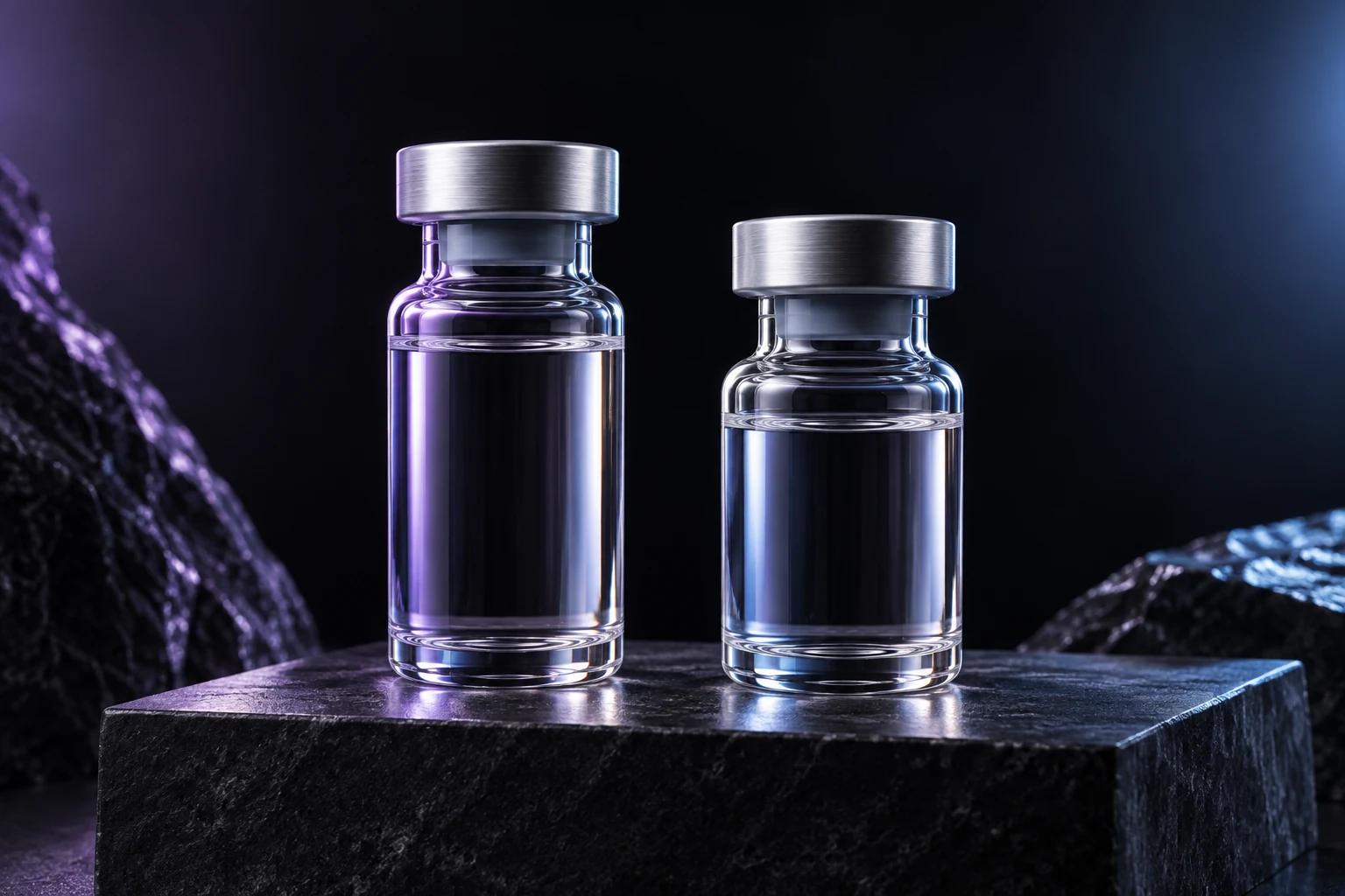 Two unlabelled laboratory vials in a sculptural studio composition