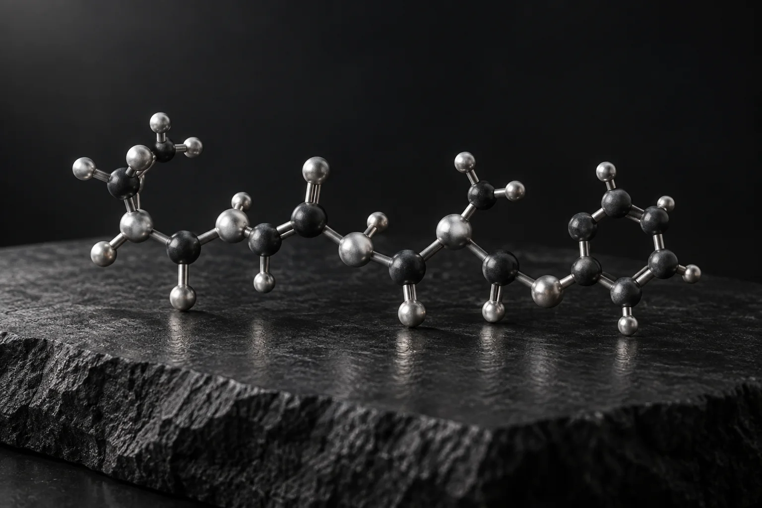 Conceptual silver molecular model on a dark stone surface