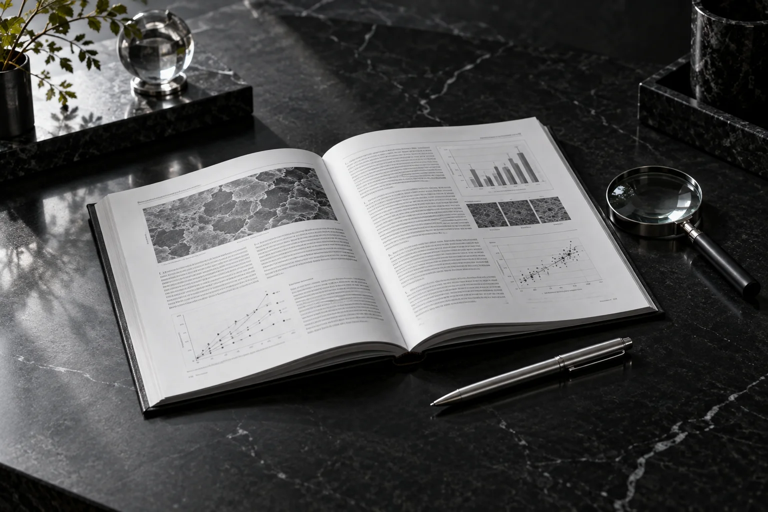 Open research journal, magnifying glass and silver pen on dark stone