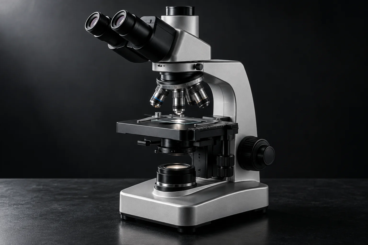 Silver and black laboratory microscope with a glass slide